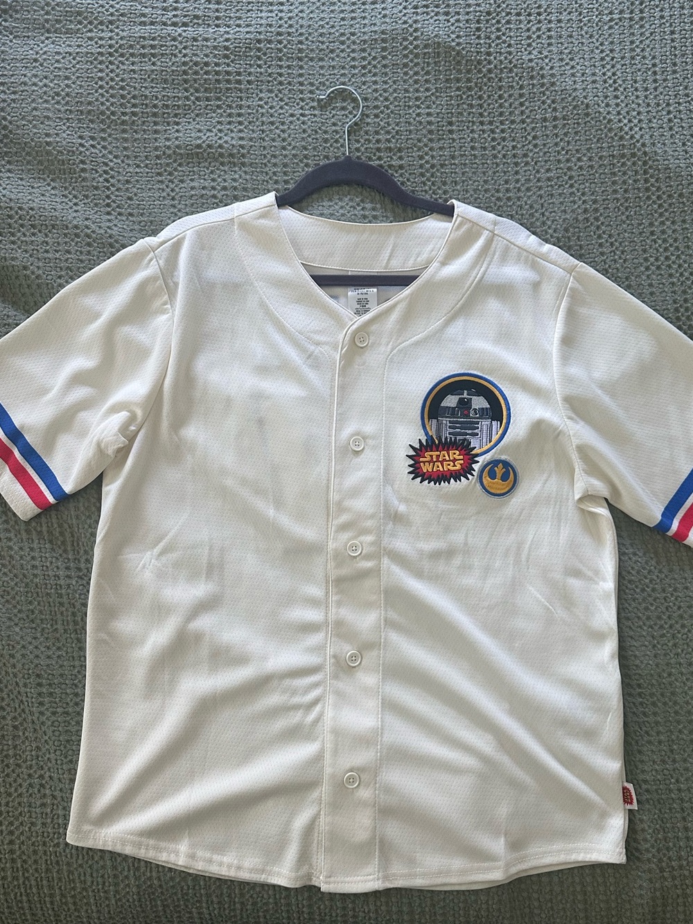 Star Wars R2-D2 White Baseball-Style Adult Button-Down Shirt, Blue & Red Trim